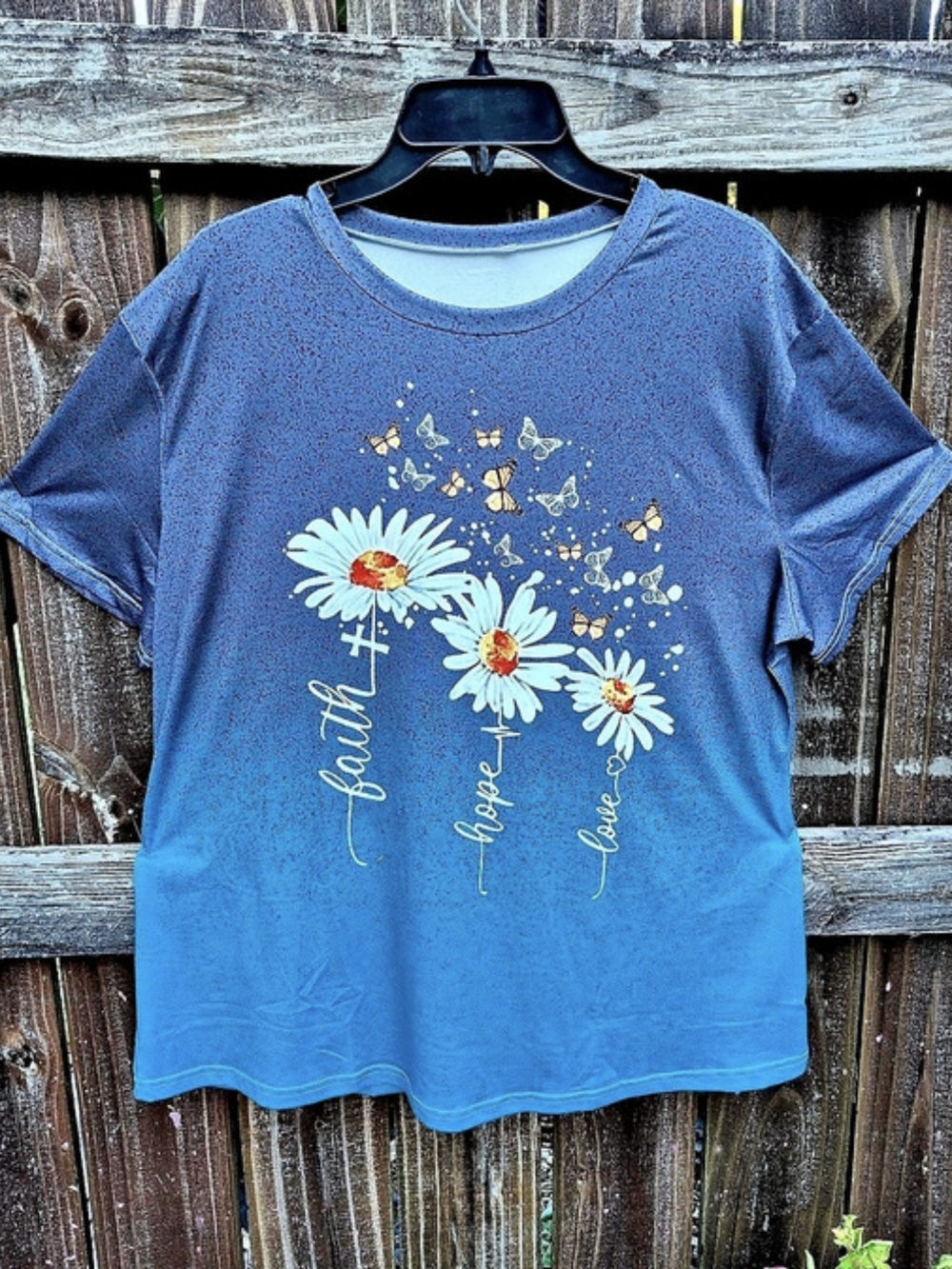 Daisy Faith Hope Love Blue Polyester T-Shirt Women 2XL Short Sleeve Butterfly